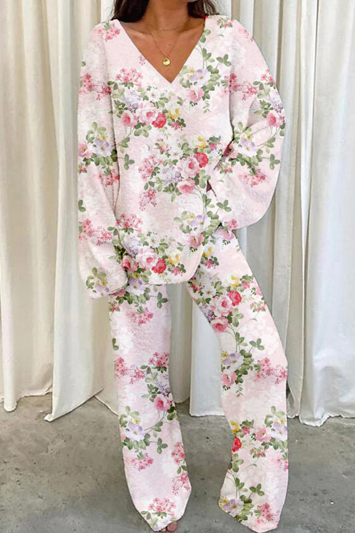 Women's Pink Floral Printed Casual Homewear Set