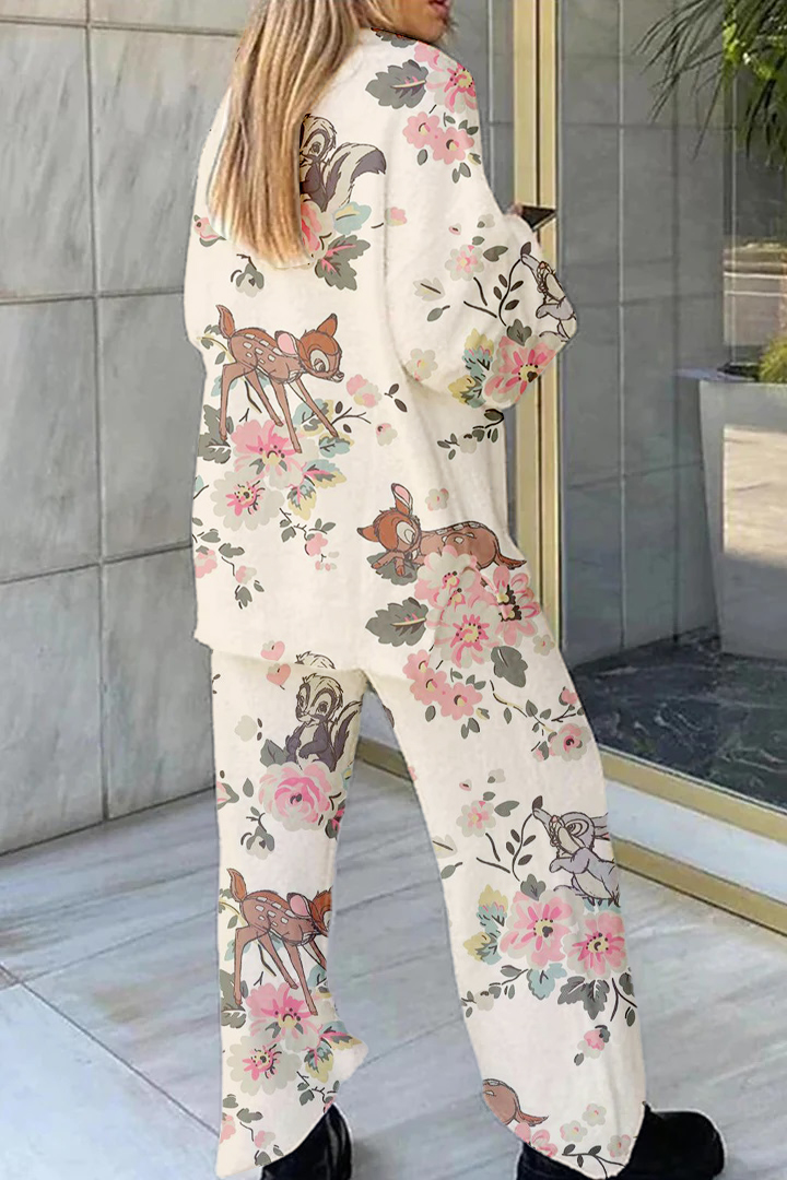 Women's Vintage Floral Deer Printed Casual Homewear Set