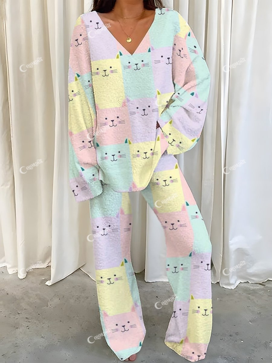 Women's Colorful Cat Plaid Print Fleece Set