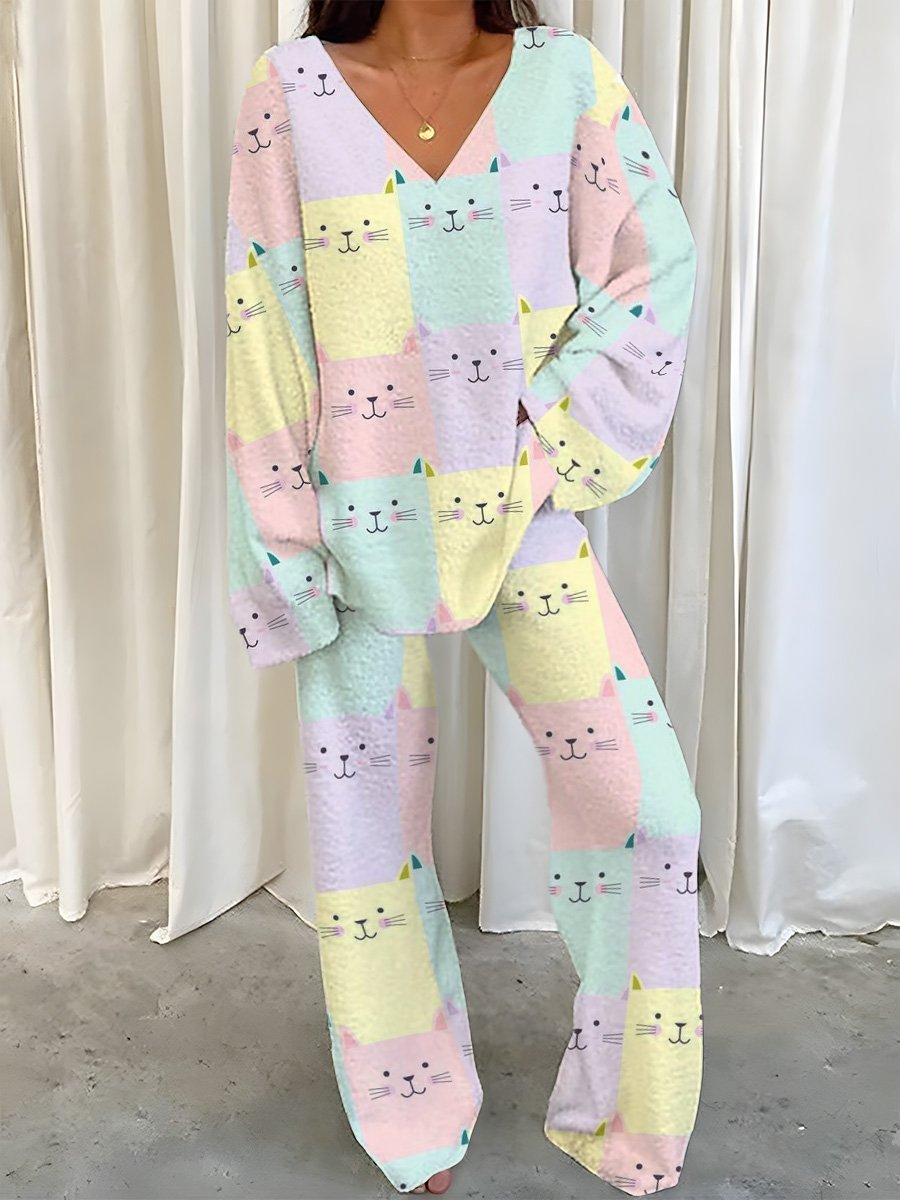 Women's Colorful Cat Plaid Print Fleece Set