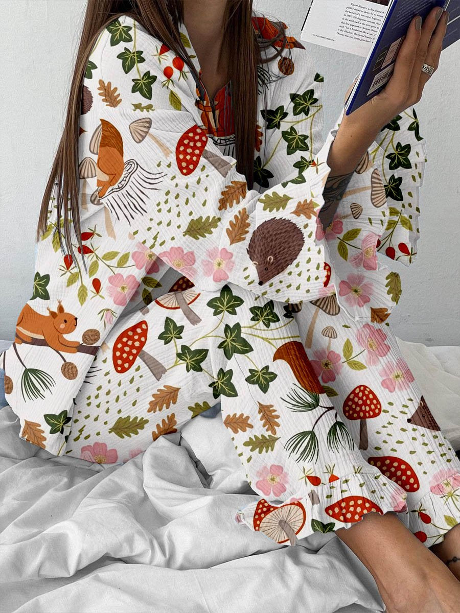 Women's Forest Animal Mushroom Floral Print Cardigan Ruffled Home Set