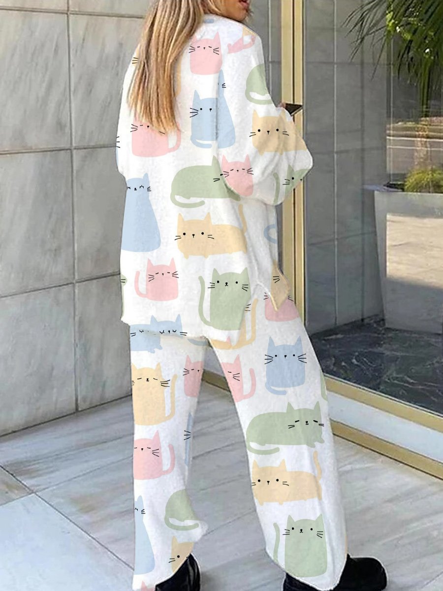 Women's Colorful Cat Printed Long Sleeve Lounge Set