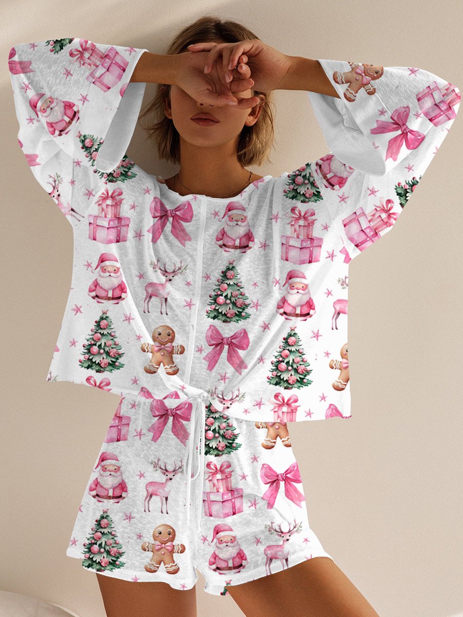 Women's Pink Christmas Print Long Sleeve Lounge Set