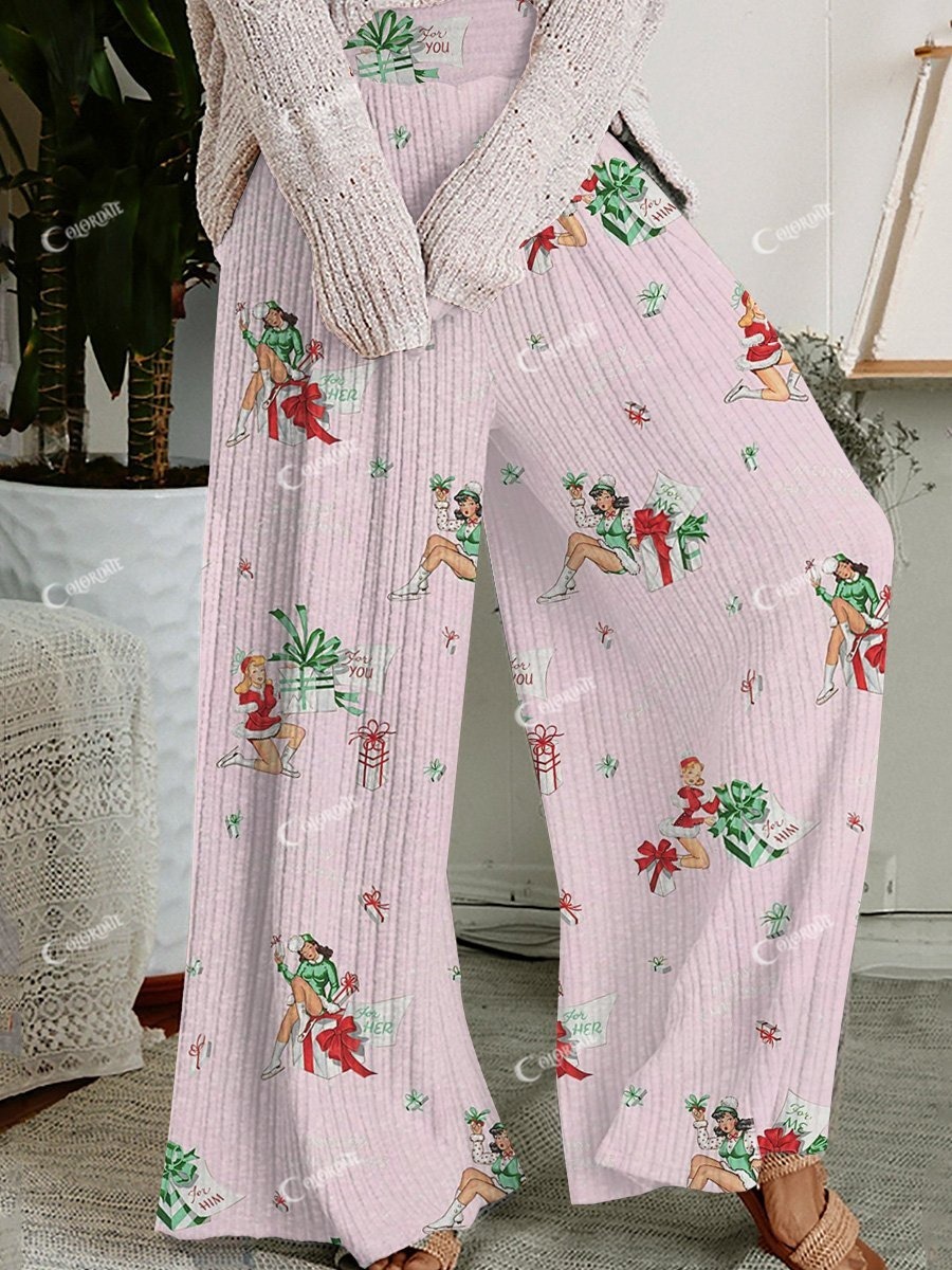 Women's Christmas Girl Print Wide Leg Pants