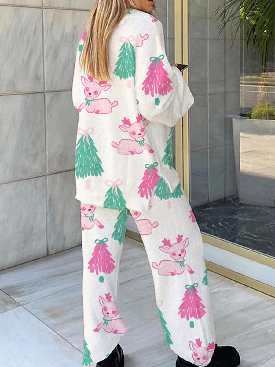 Women's Christmas Forest Deer Pattern V-Neck Long Sleeve Pants Suit