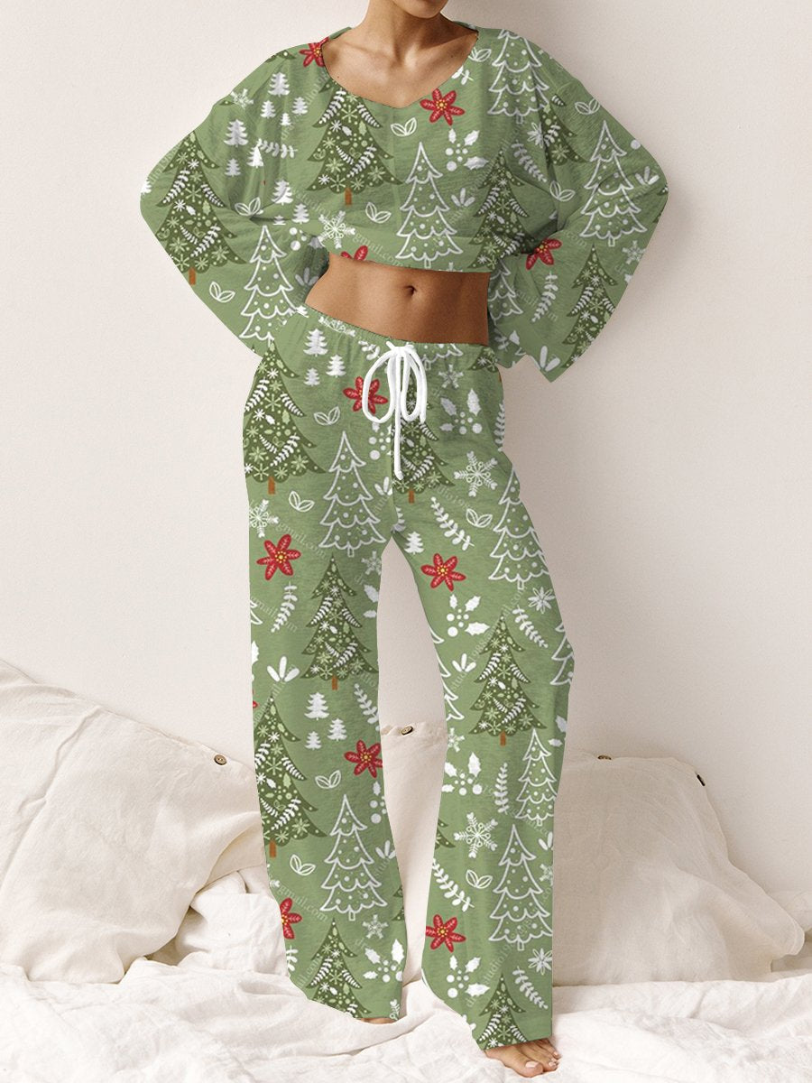 Women's Christmas Green Christmas Tree Pattern Long Sleeve Pants Set