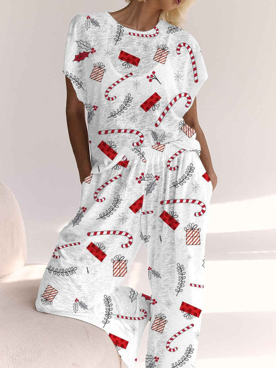 Women's Christmas Candy Cane Gift Box Pattern Short Sleeve Pants Suit