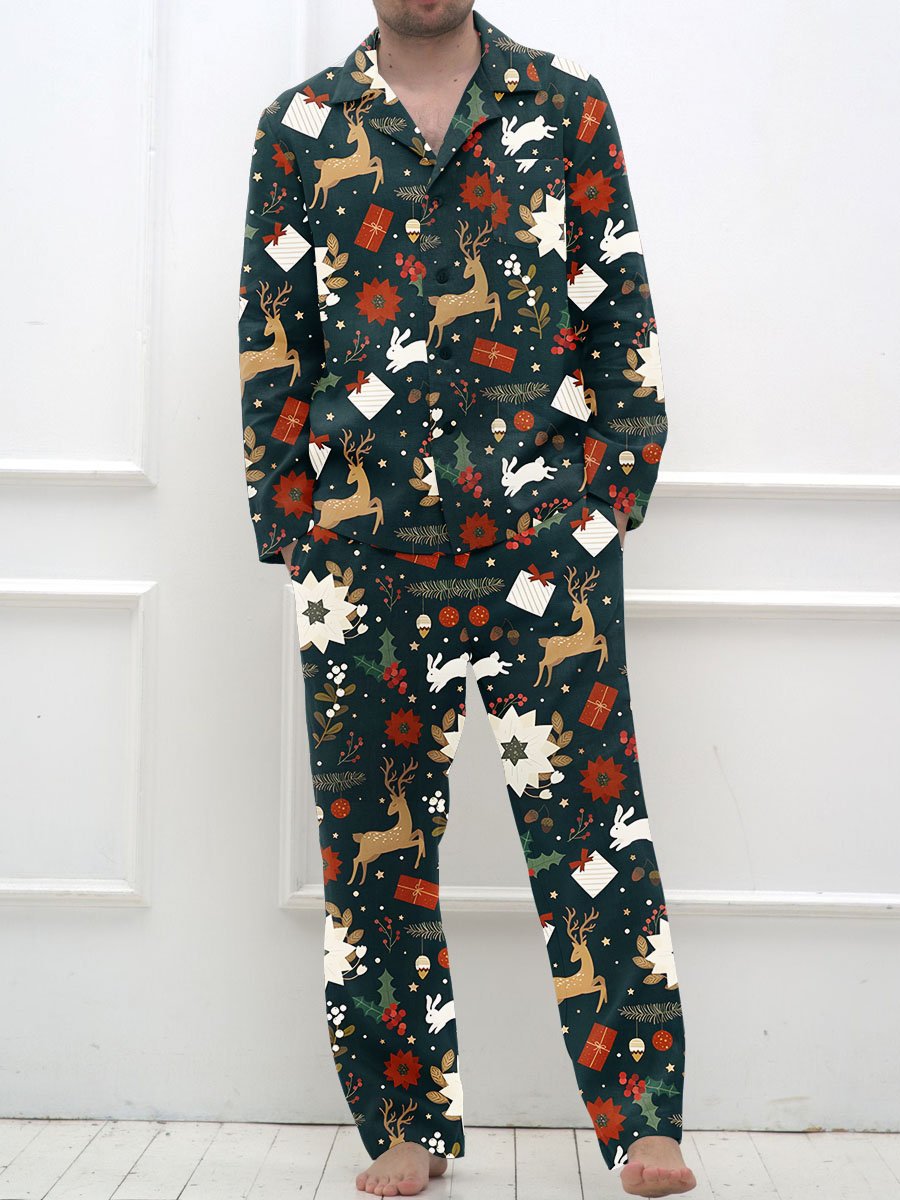 Men's Dark Christmas Elk Print V-Neck Long Sleeve Suit