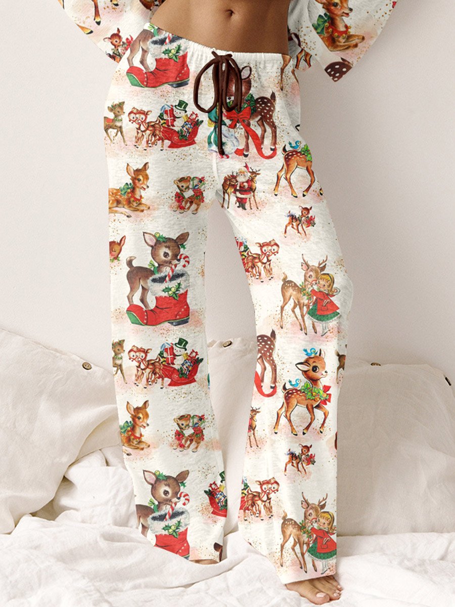Women's Christmas Fun Vintage Deer Art Print Casual Suit