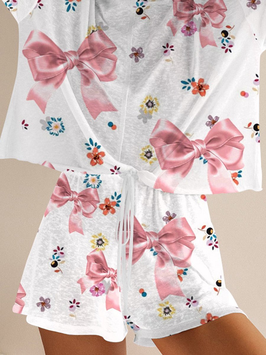 Women's Bow Floral Print Long Sleeve Pajama Set