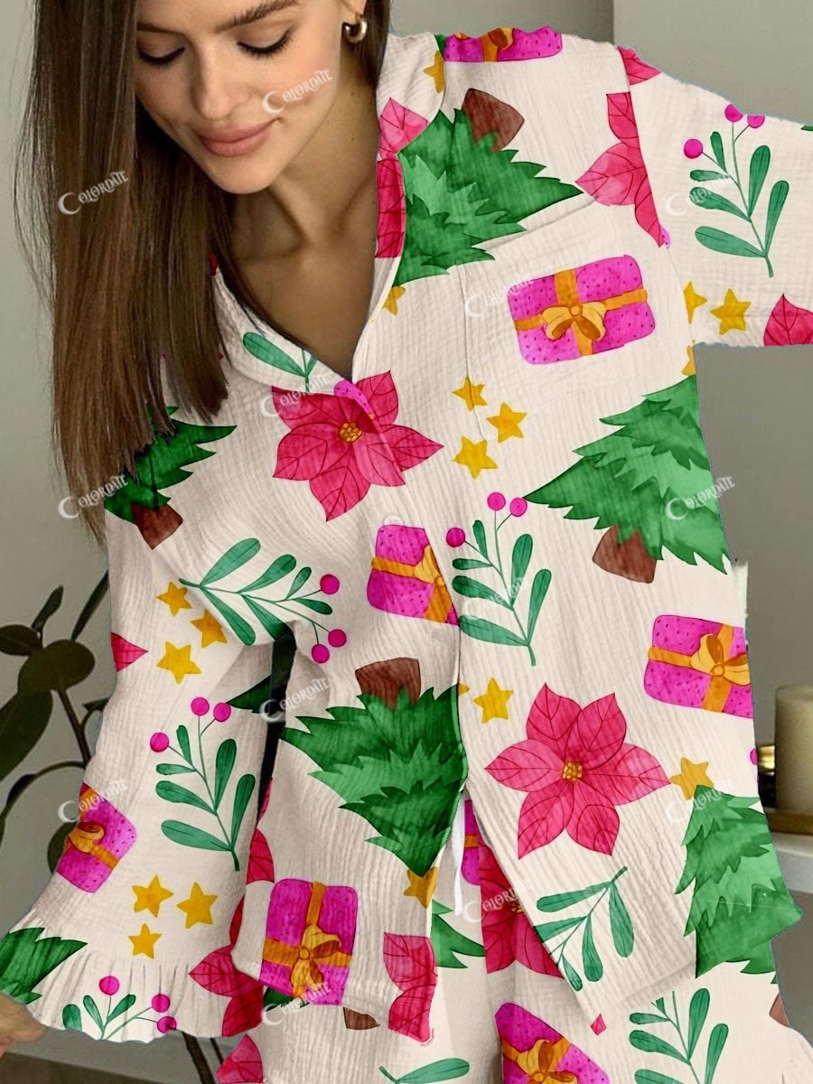 Women's Cute Christmas Tree Gift Box Printed Linen Cotton Set