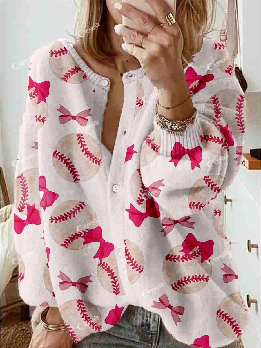 Women's Pink Baseball Bow Print Cardigan Sweater