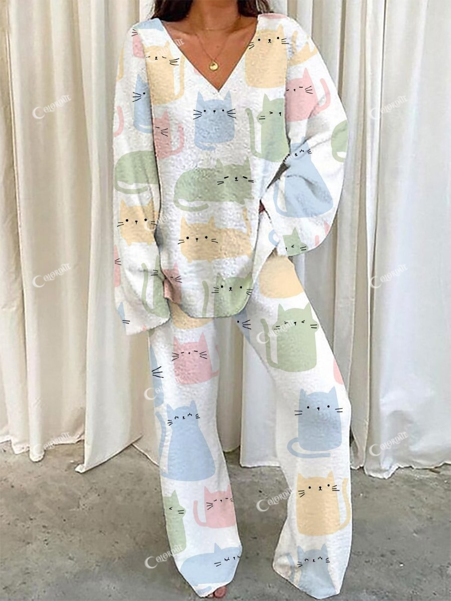 Women's Colorful Cat Printed Long Sleeve Lounge Set
