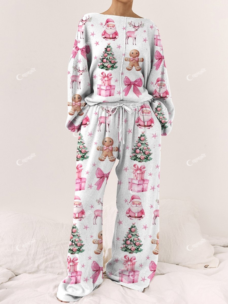 Women's Pink Christmas Print Long Sleeve Lounge Set