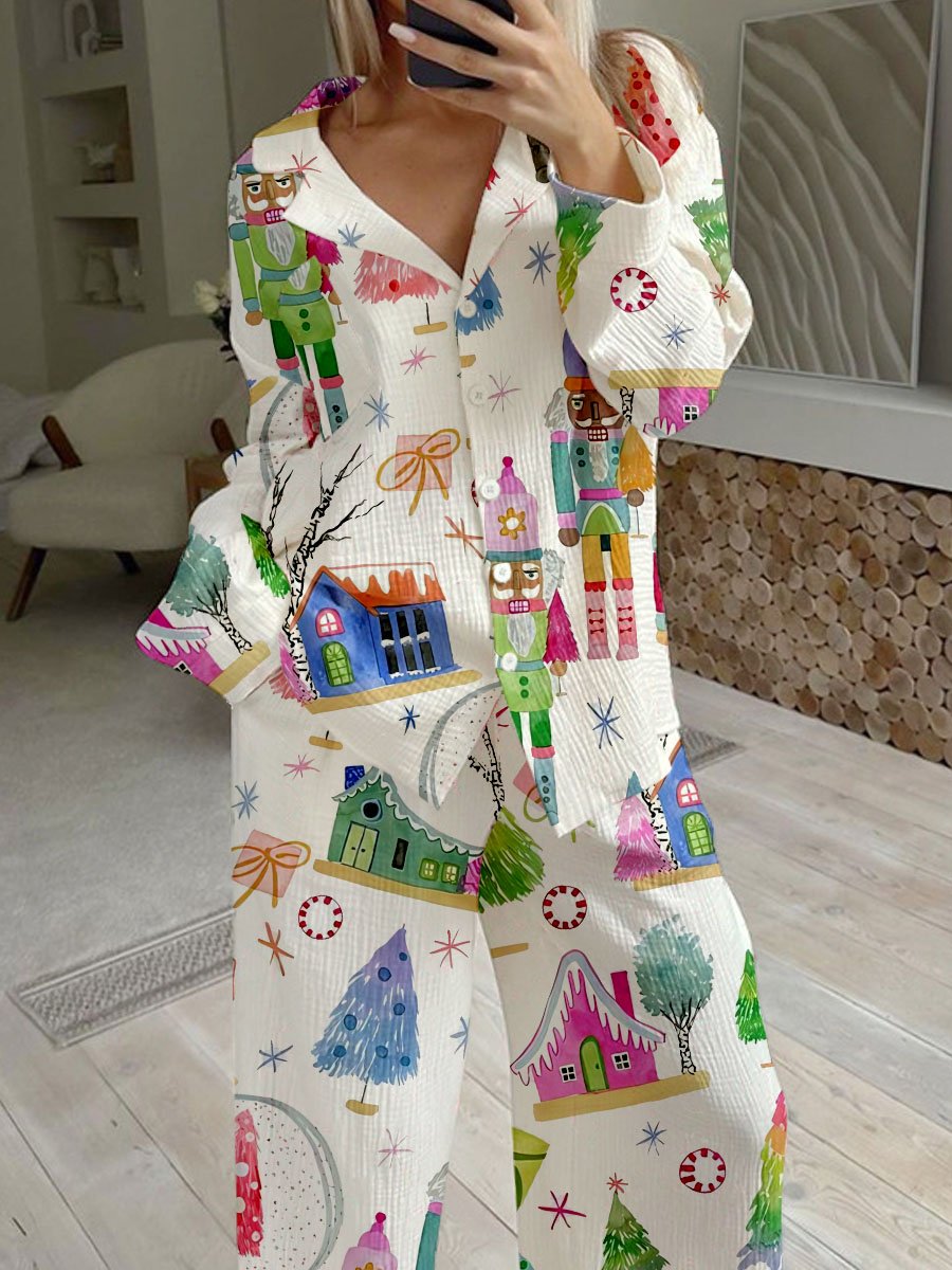 Women's Christmas Tree Doll Watercolor Print Cotton Cardigan Homewear Set