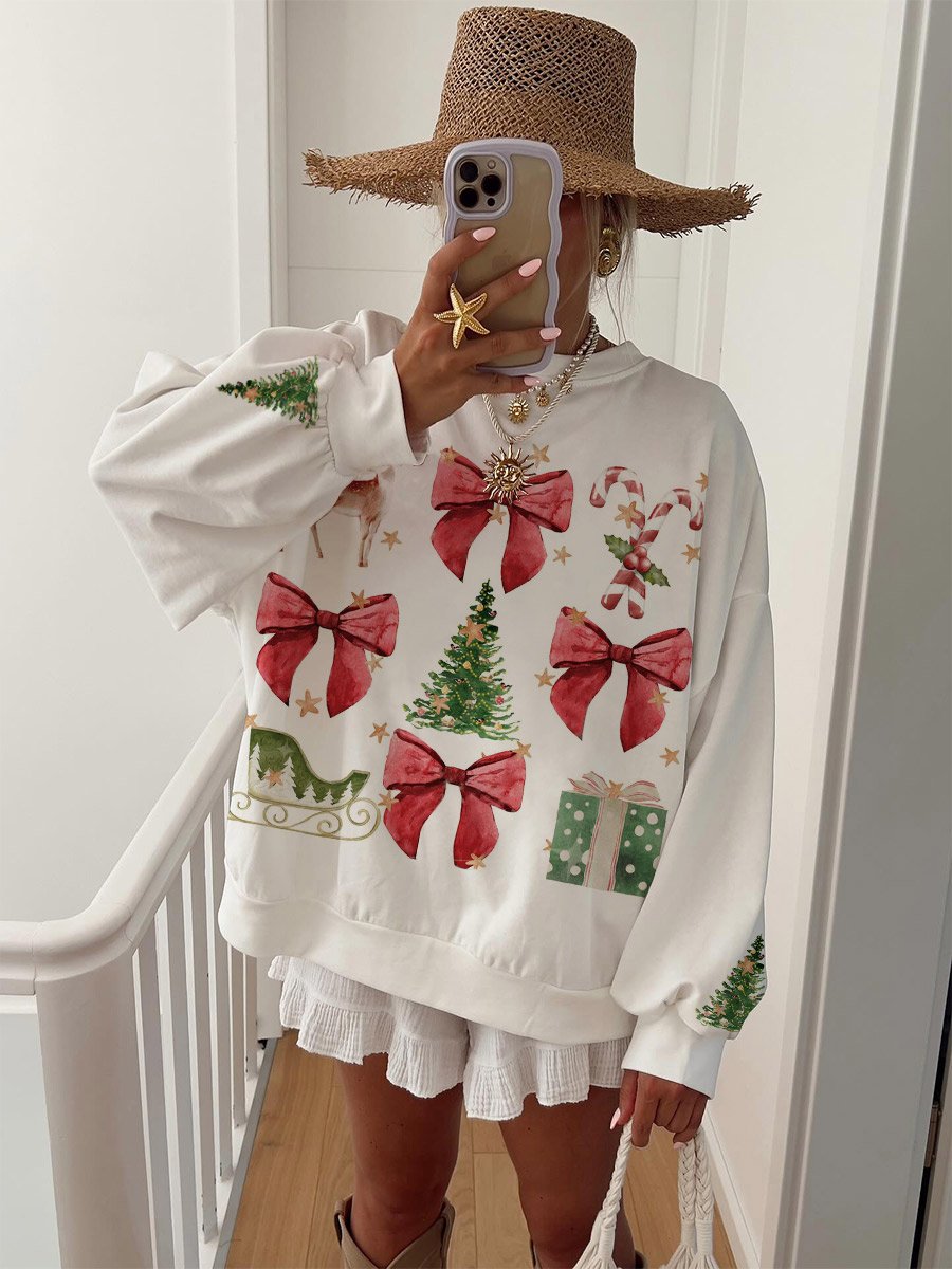 Women's Christmas Red Bow Round Neck Long Sleeve Sweater