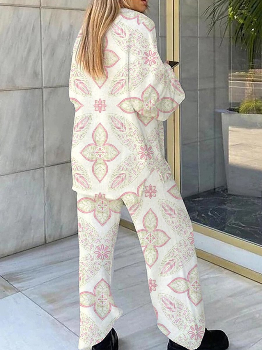 Women's Bohemian Pattern V-Neck Long Sleeve Pants Set