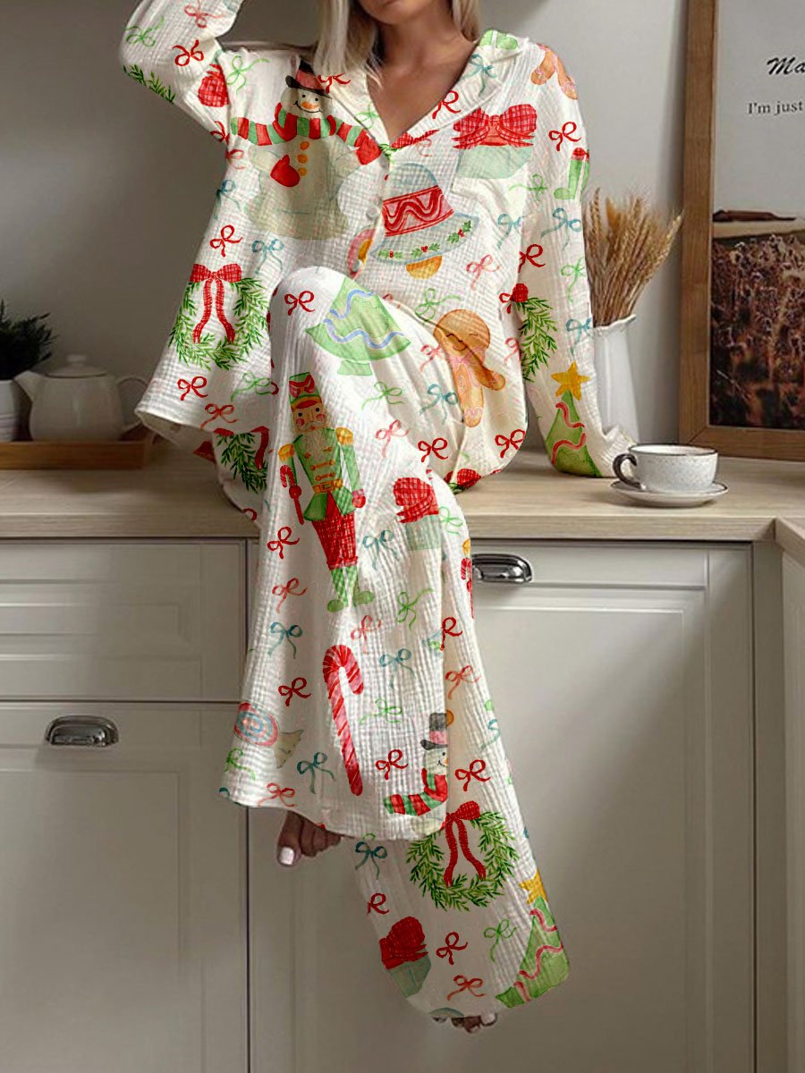 Women's Watercolor Bow Christmas Print Linen Cotton Cardigan Set