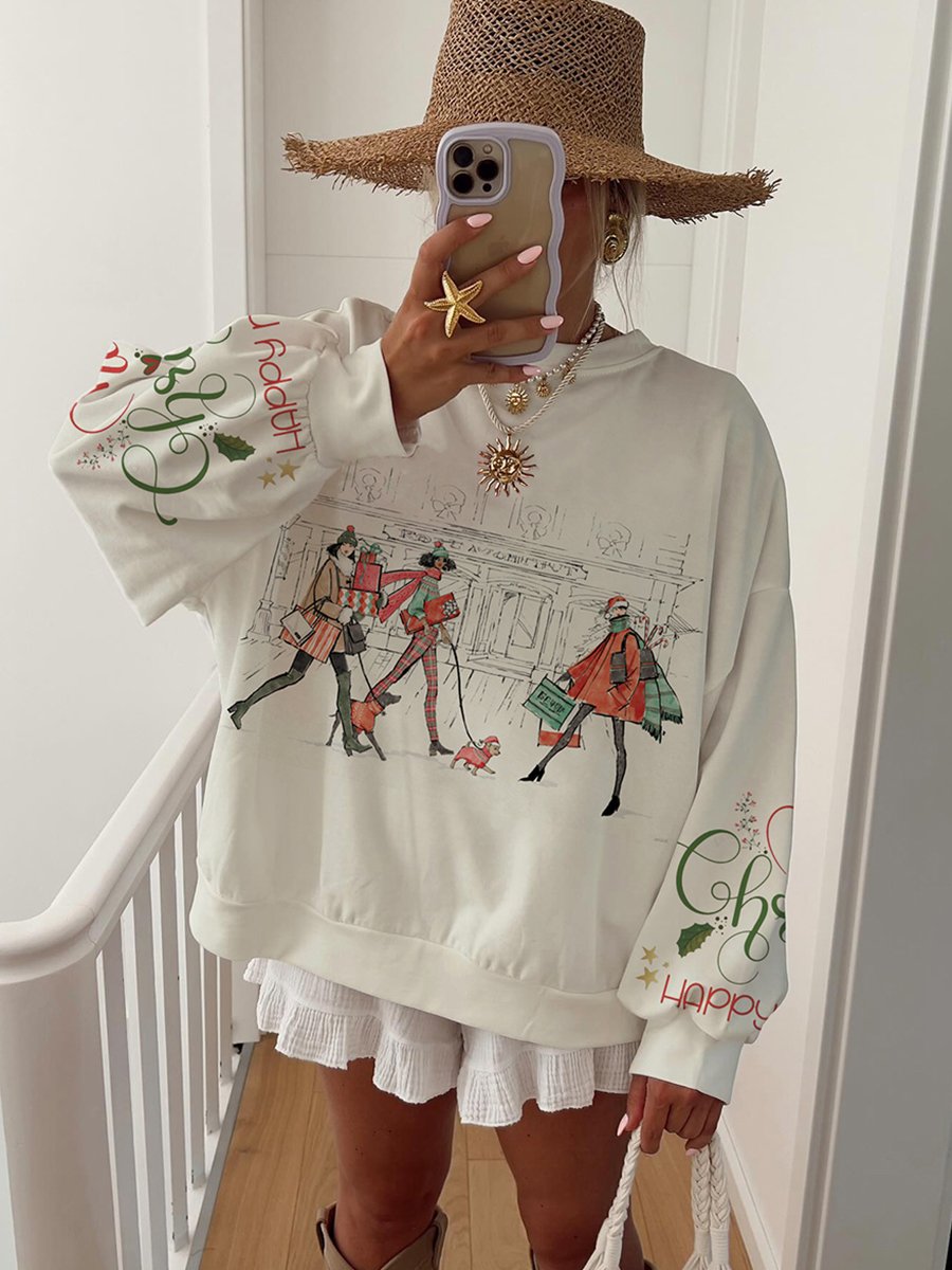 Women's Christmas Shopping Girls Pattern Long Sleeve Sweater