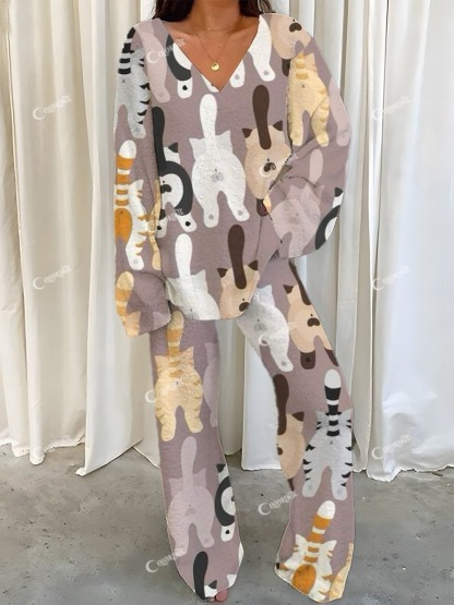Women's Cute Cat Butt Print V-Neck Polar Fleece Suit