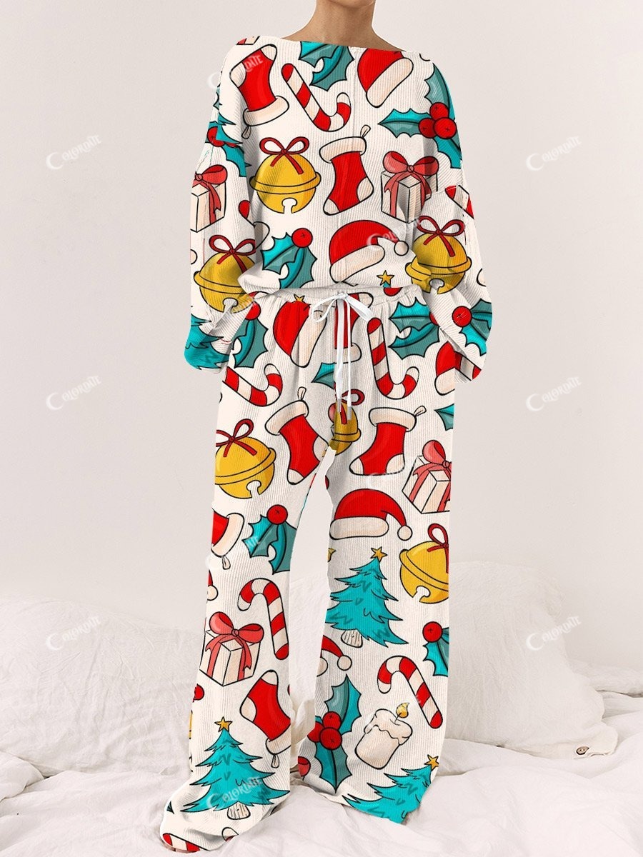 Women's Beige Christmas Art Painting Printed Home Long Sleeve Suit