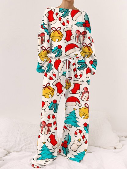 Women's Beige Christmas Art Painting Printed Home Long Sleeve Suit