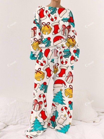 Women's Beige Christmas Art Painting Printed Home Long Sleeve Suit