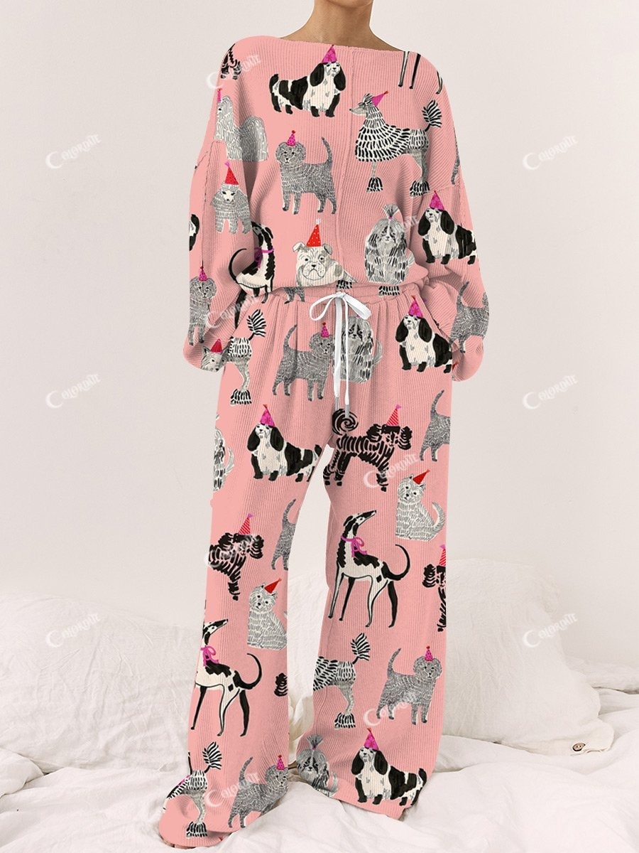 Women's Pink Art Painting Christmas Cute Animal Print Home Long Sleeve Suit