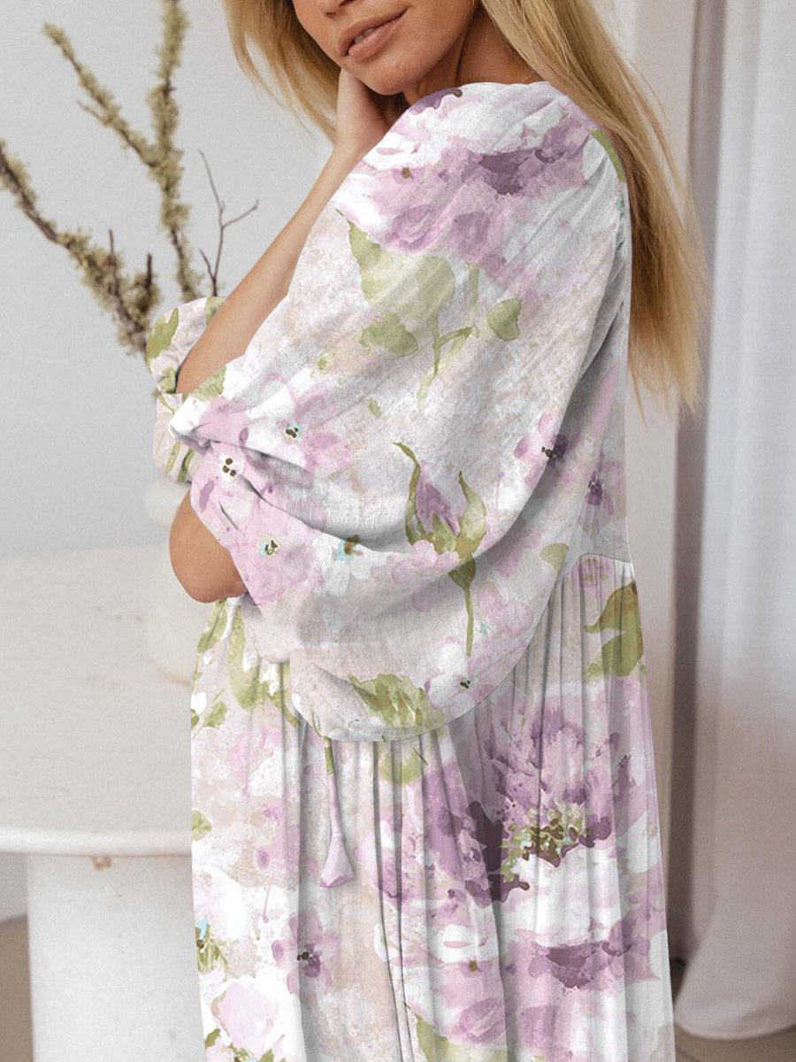 Women's Peony Print Long Sleeve Dress