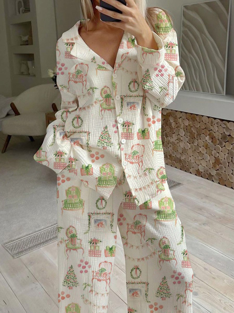 Women's Christmas Hand-Painted Long Sleeve Pants Set