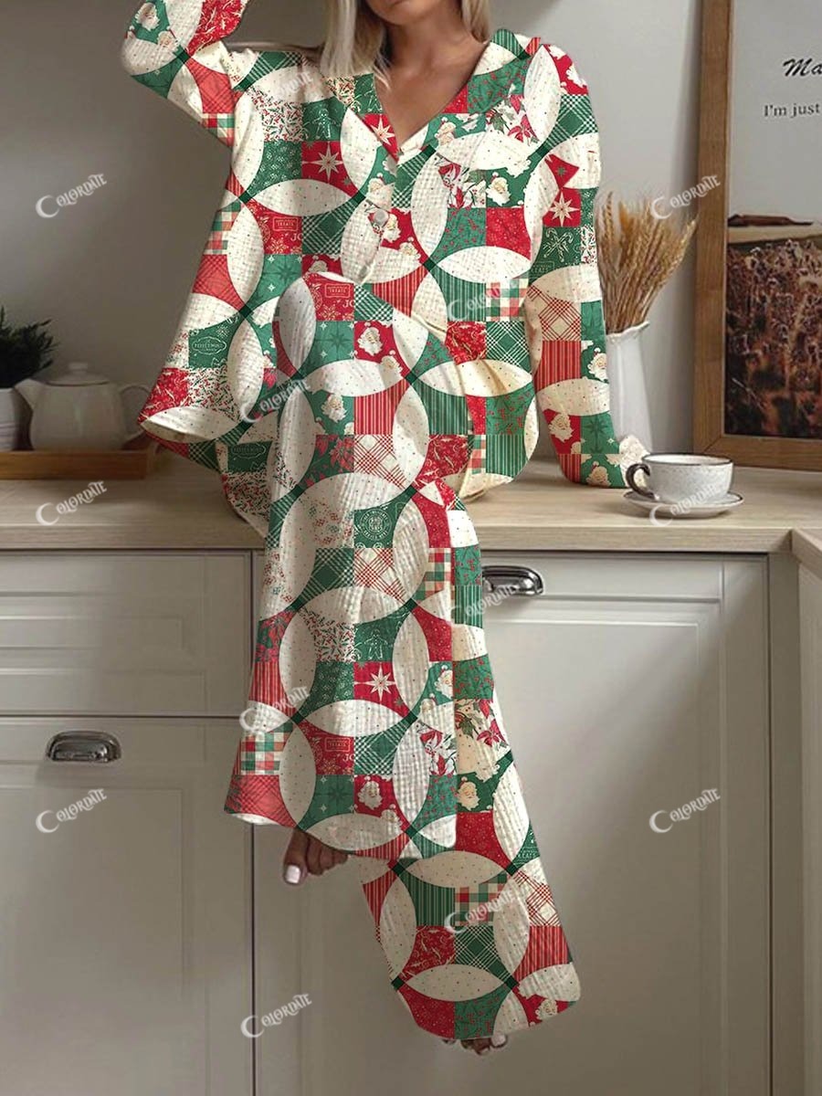 Women's Christmas Patchwork Plaid Print Pajama Set