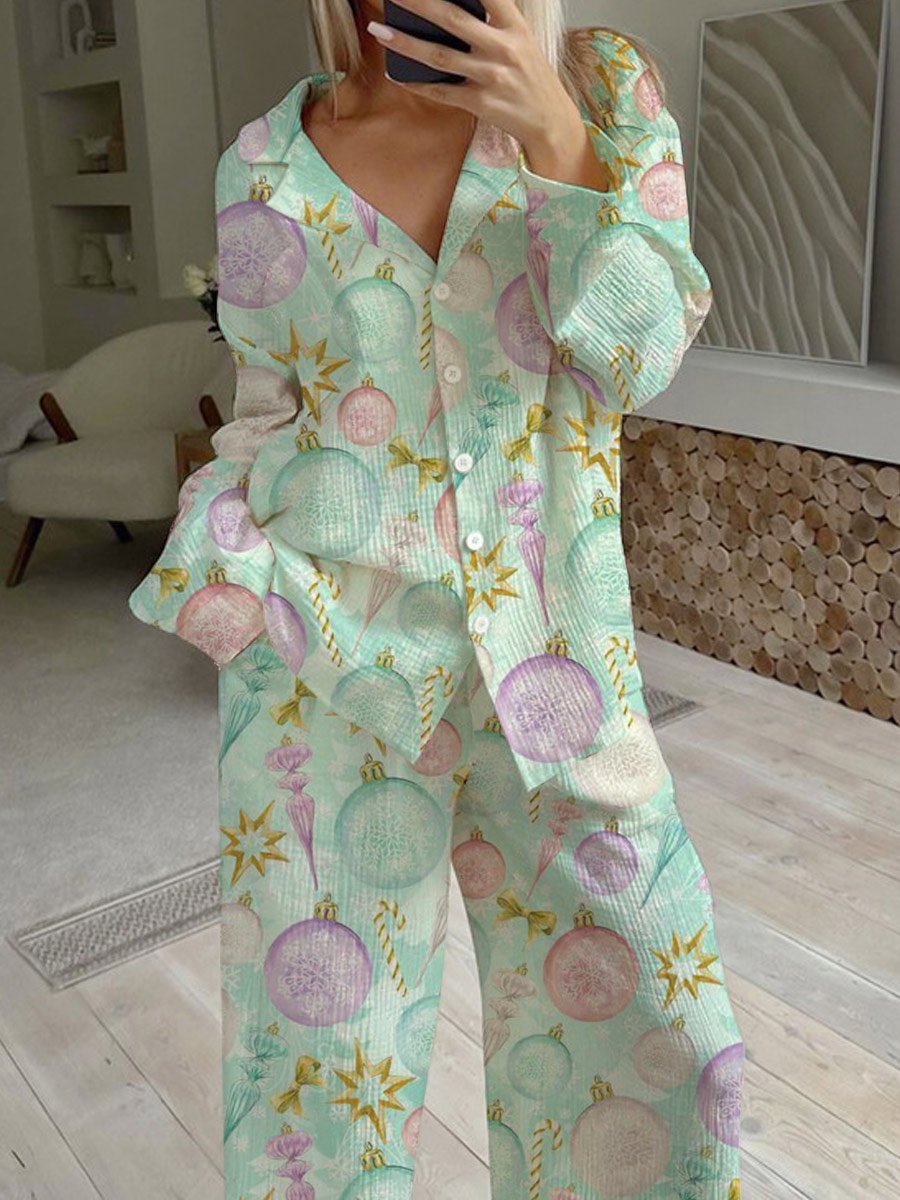 Women's Christmas Lights Pattern Long Sleeve Pants Set