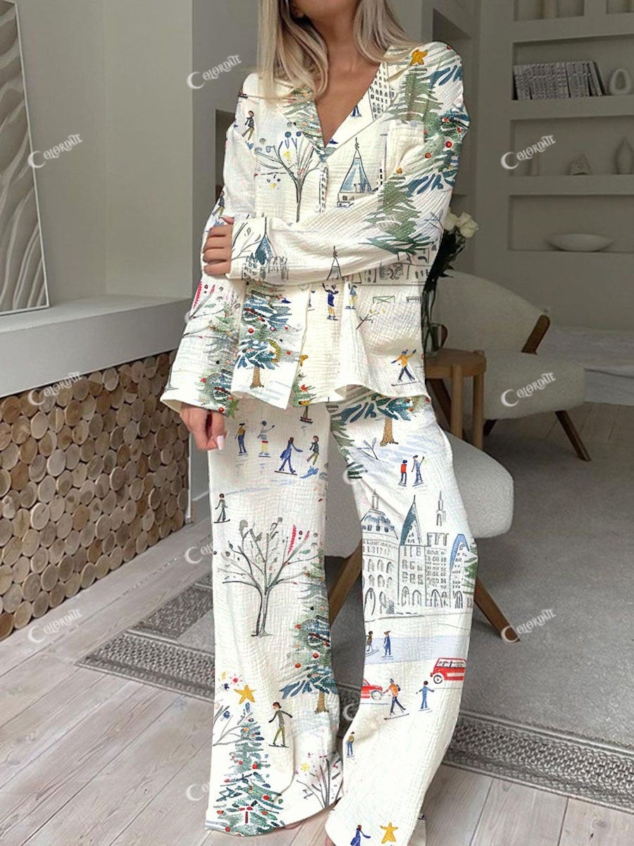 Women's Watercolor Hand Painted Christmas Ski Print Pajama Set