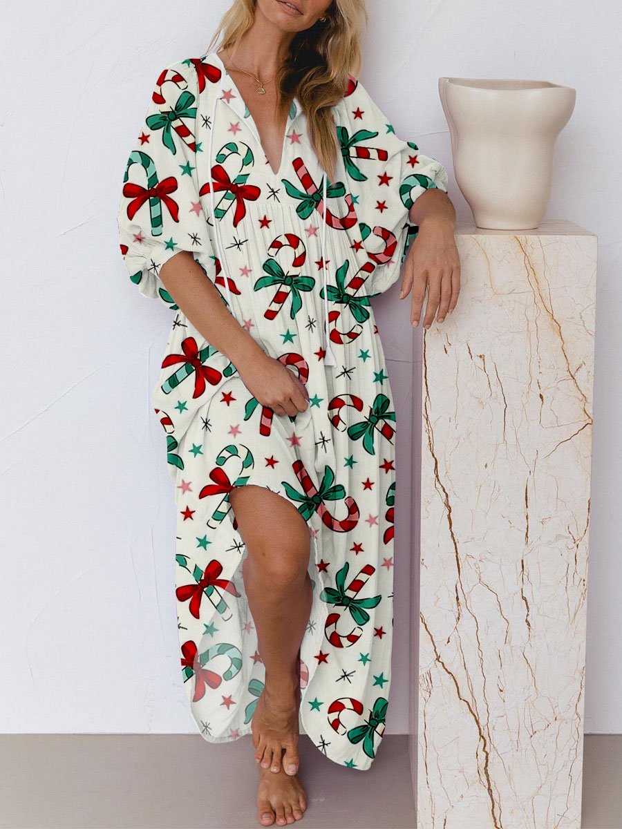 Women's Christmas Candy Cane Bow Print Long Sleeve Dress