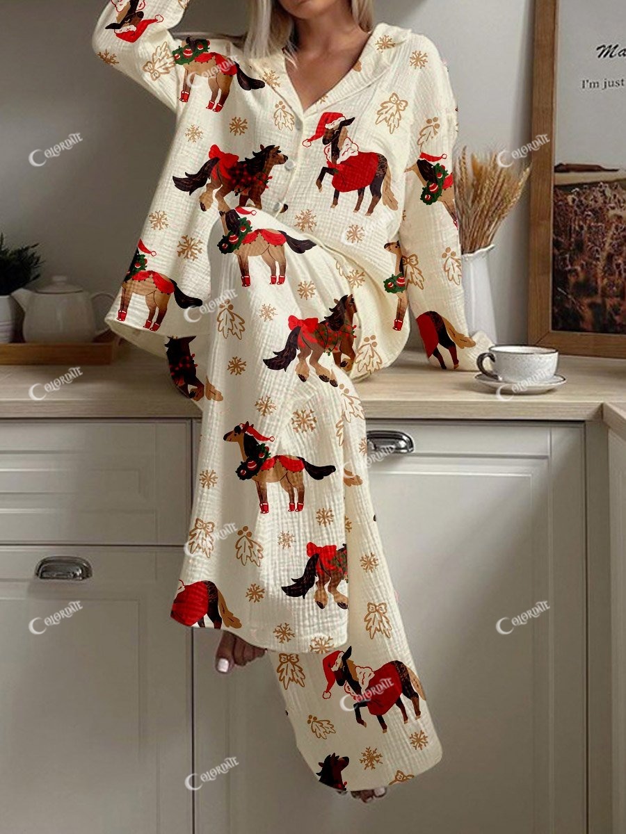 Women's Christmas Horse Bow Print Cardigan Homewear Set