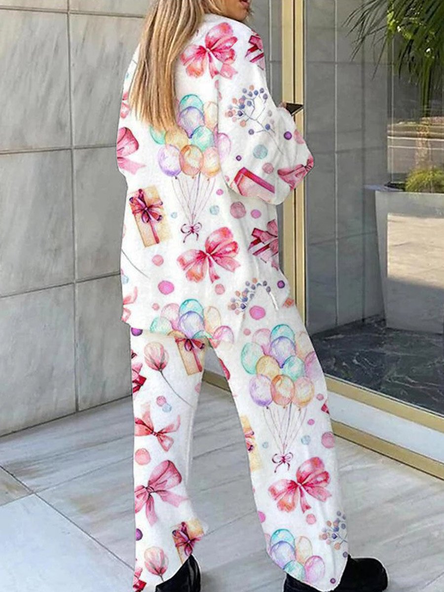 Women's Balloon Bow Gift Pattern V-Neck Long Sleeve Pants Suit