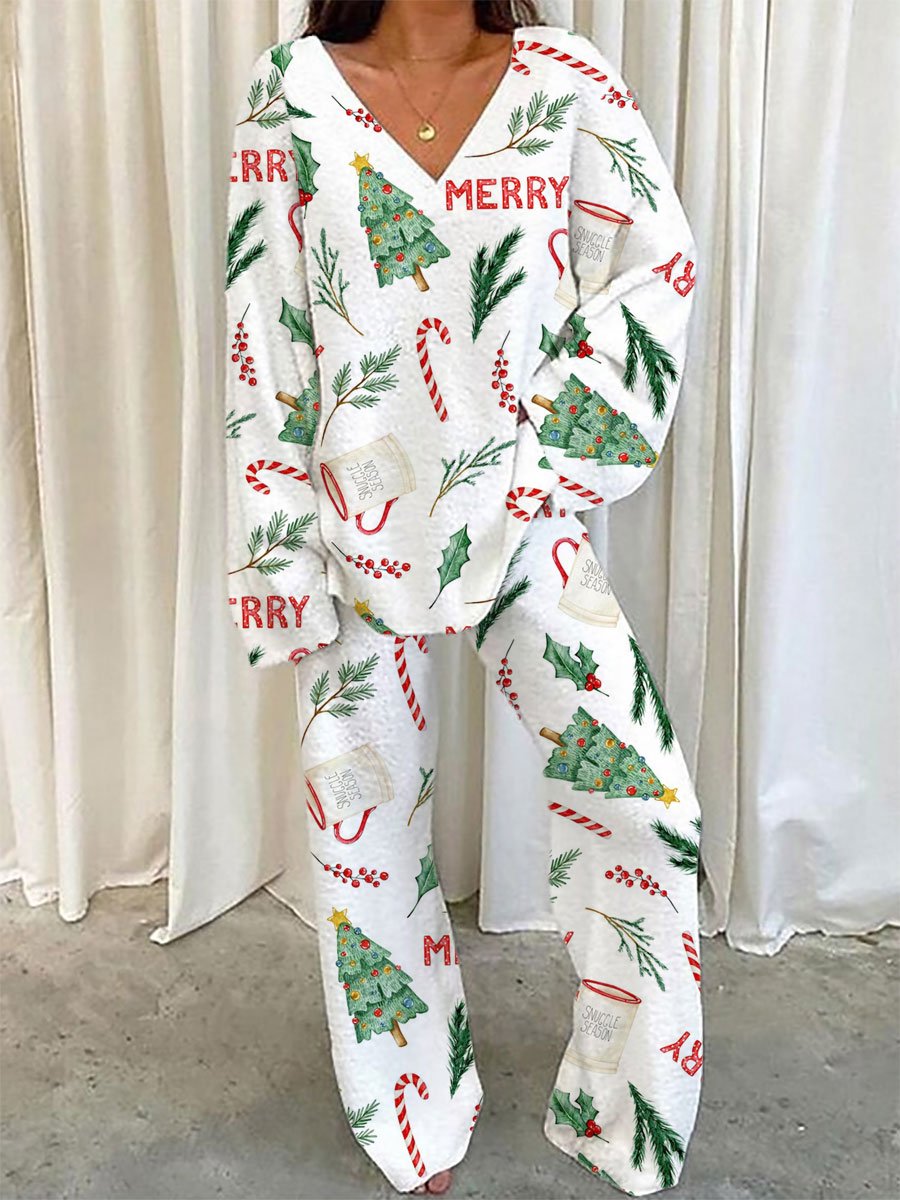 Women's Christmas Tree Candy Cane Pattern V-Neck Long Sleeve Pants Suit