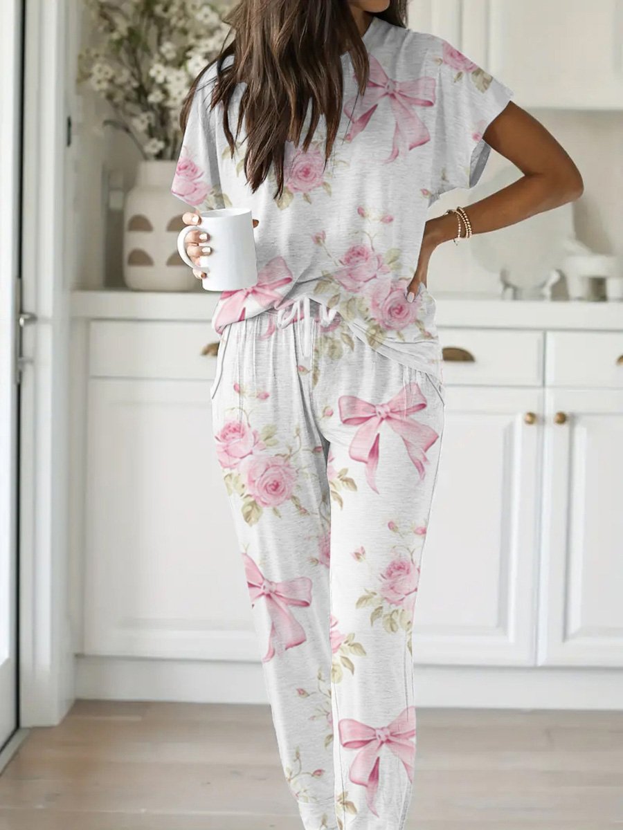 Women's Bow Flower Pattern Round Neck Short Sleeve Pants Suit