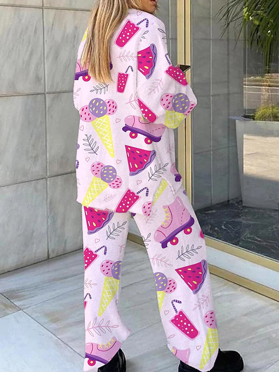 Women's Ice Cream Watermelon Roller Skates Printed V-Neck Suit