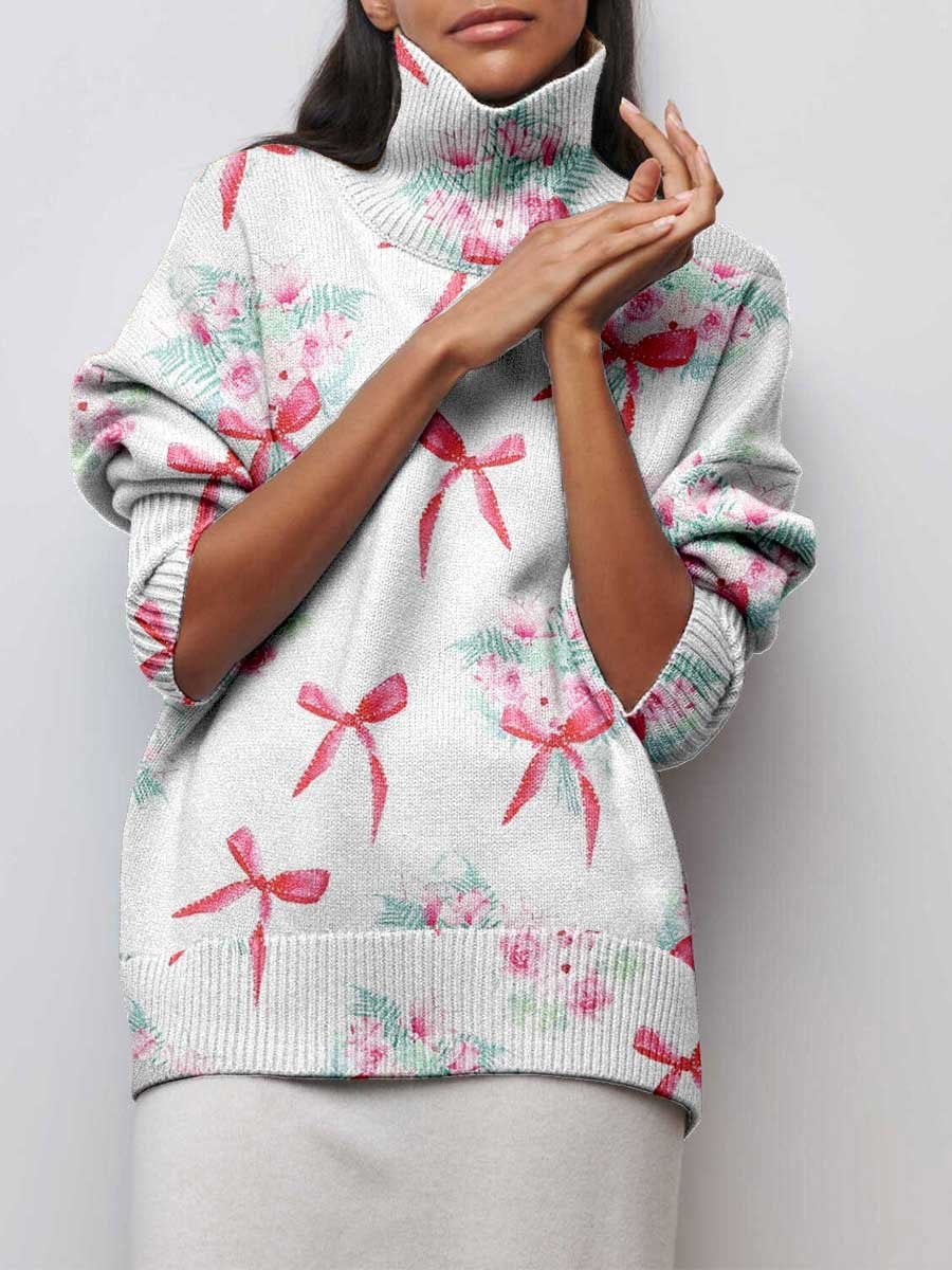 Women's Bow Floral Turtleneck Sweater