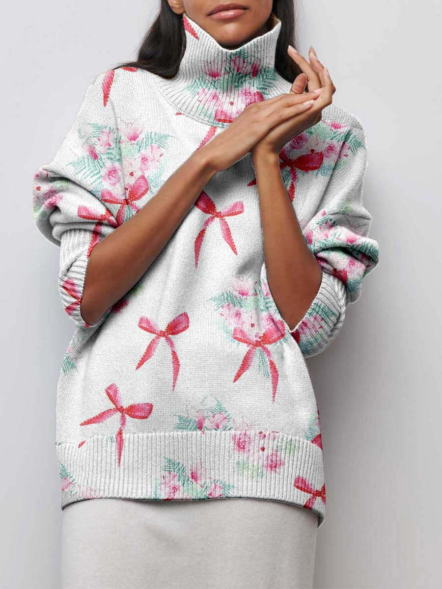 Women's Bow Floral Turtleneck Sweater