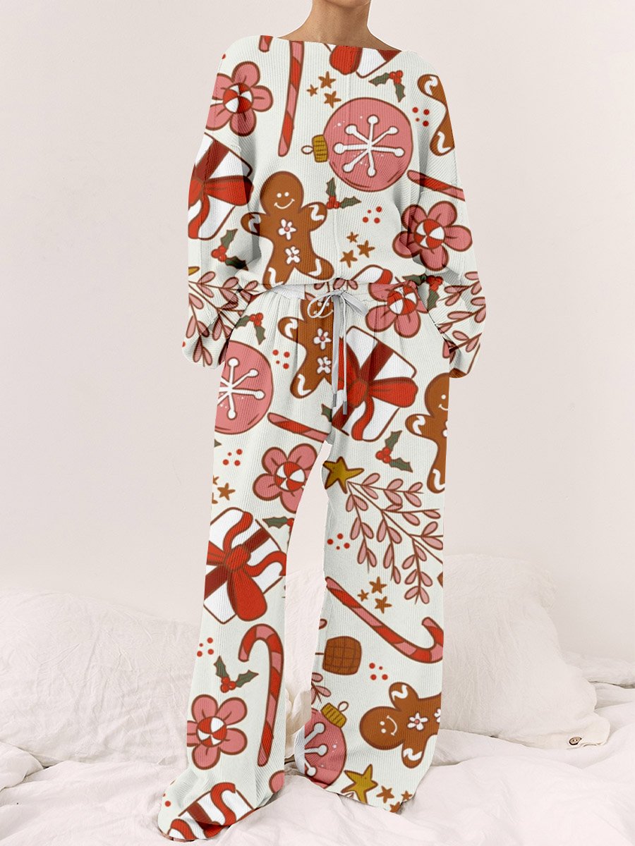 Women's Christmas Gingerbread Man Graffiti Print Round Neck Linen Cotton Suit