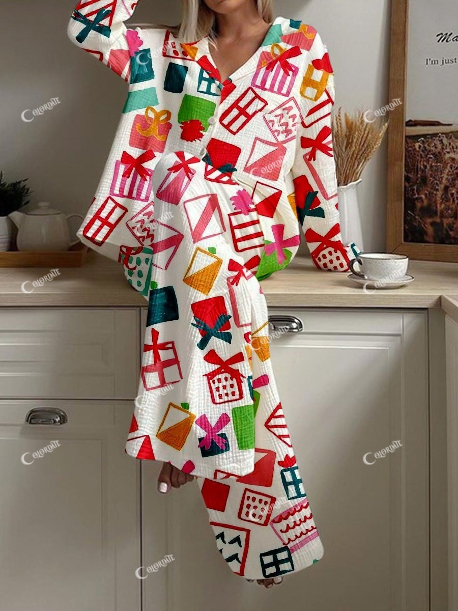 Women's Christmas Gift Box Graffiti Print Cardigan Homewear Set