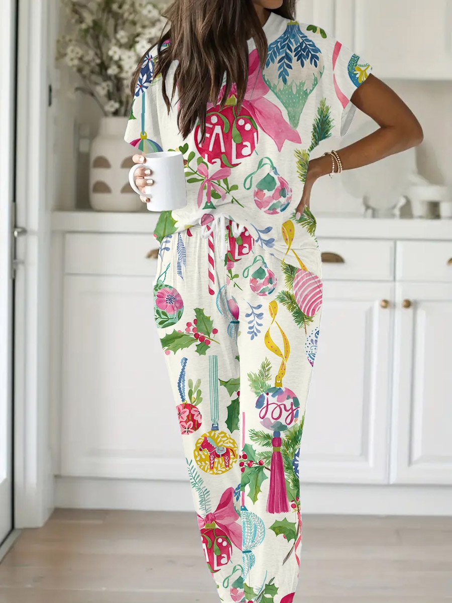 Women's Christmas Bow Lights Printed Short Sleeve Homewear Set