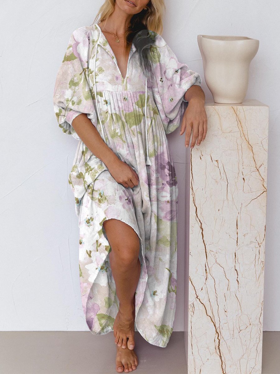 Women's Peony Print Long Sleeve Dress