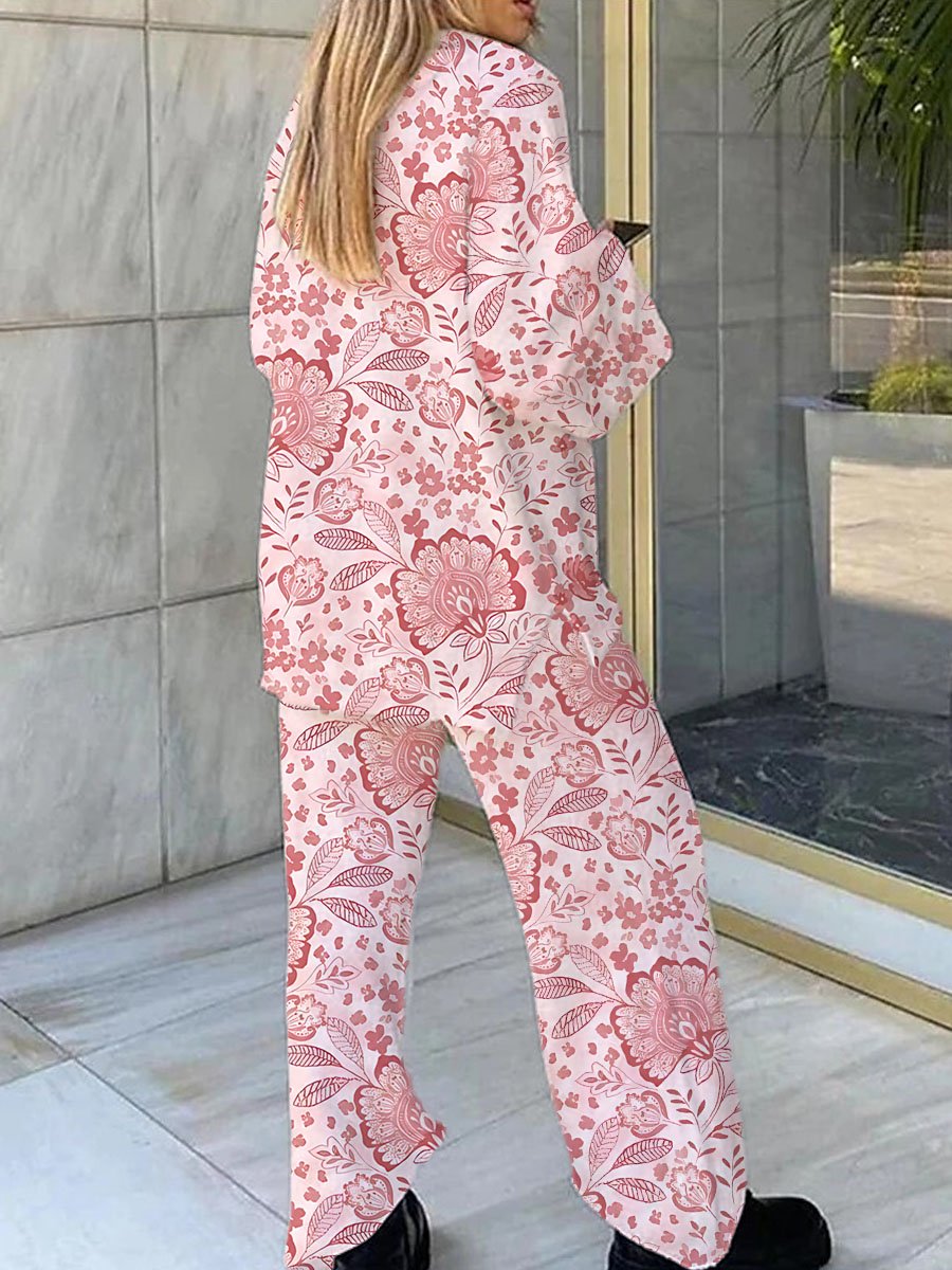 Women's Elegant Floral Bohemian Print V-Neck Suit