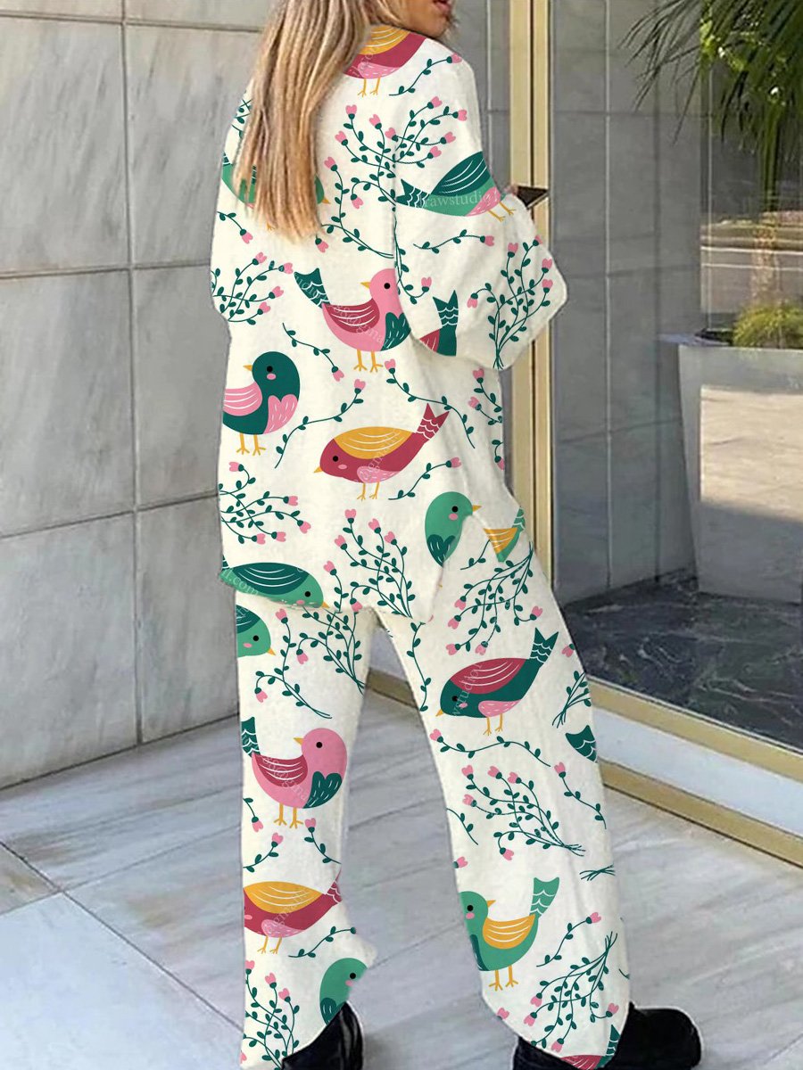 Women's Bird Plant Pattern Pajama Set