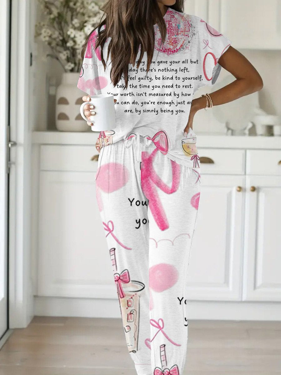 Women's Bowknot Text Hand-painted Pattern Short Sleeve Pants Suit