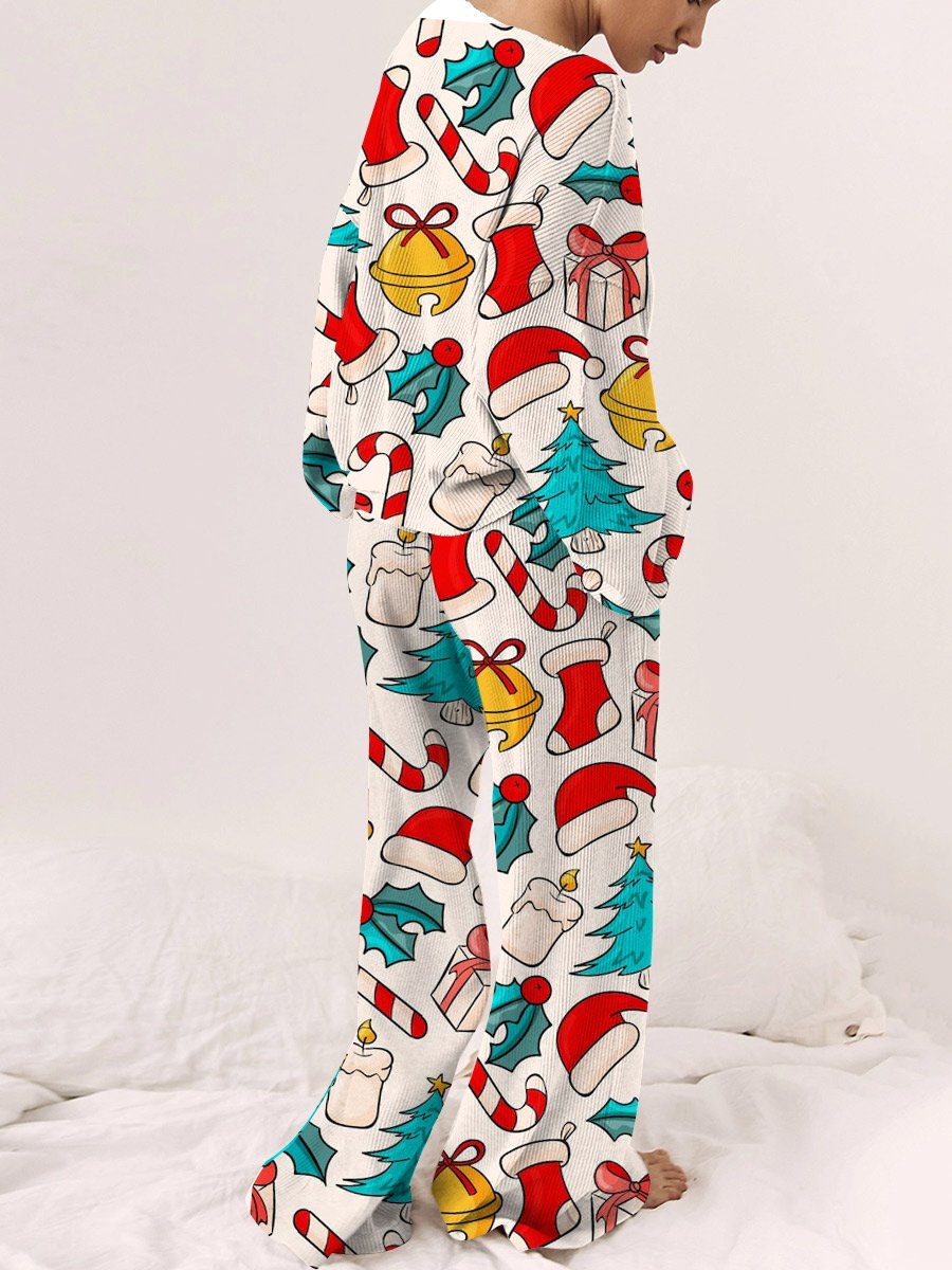 Women's Beige Christmas Art Painting Printed Home Long Sleeve Suit