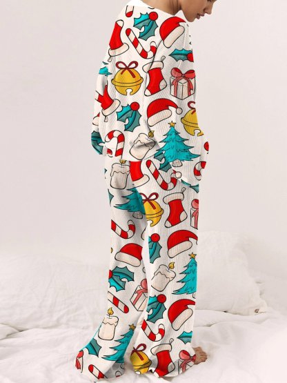 Women's Beige Christmas Art Painting Printed Home Long Sleeve Suit